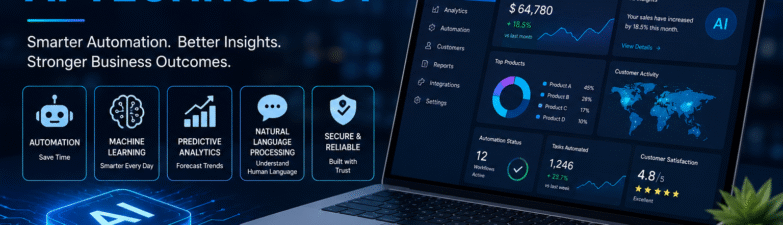 Gonzay Com AI Technology dashboard showing artificial intelligence, automation, data analytics, and business insights