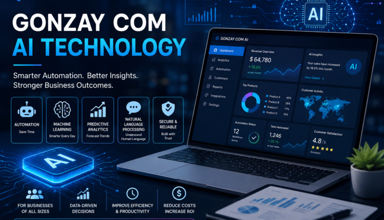 Gonzay Com AI Technology dashboard showing artificial intelligence, automation, data analytics, and business insights