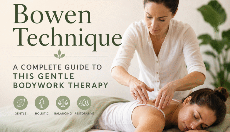 Bowen Technique therapy session showing a practitioner applying gentle hands-on bodywork to a relaxed client on a massage table in a calm wellness setting.