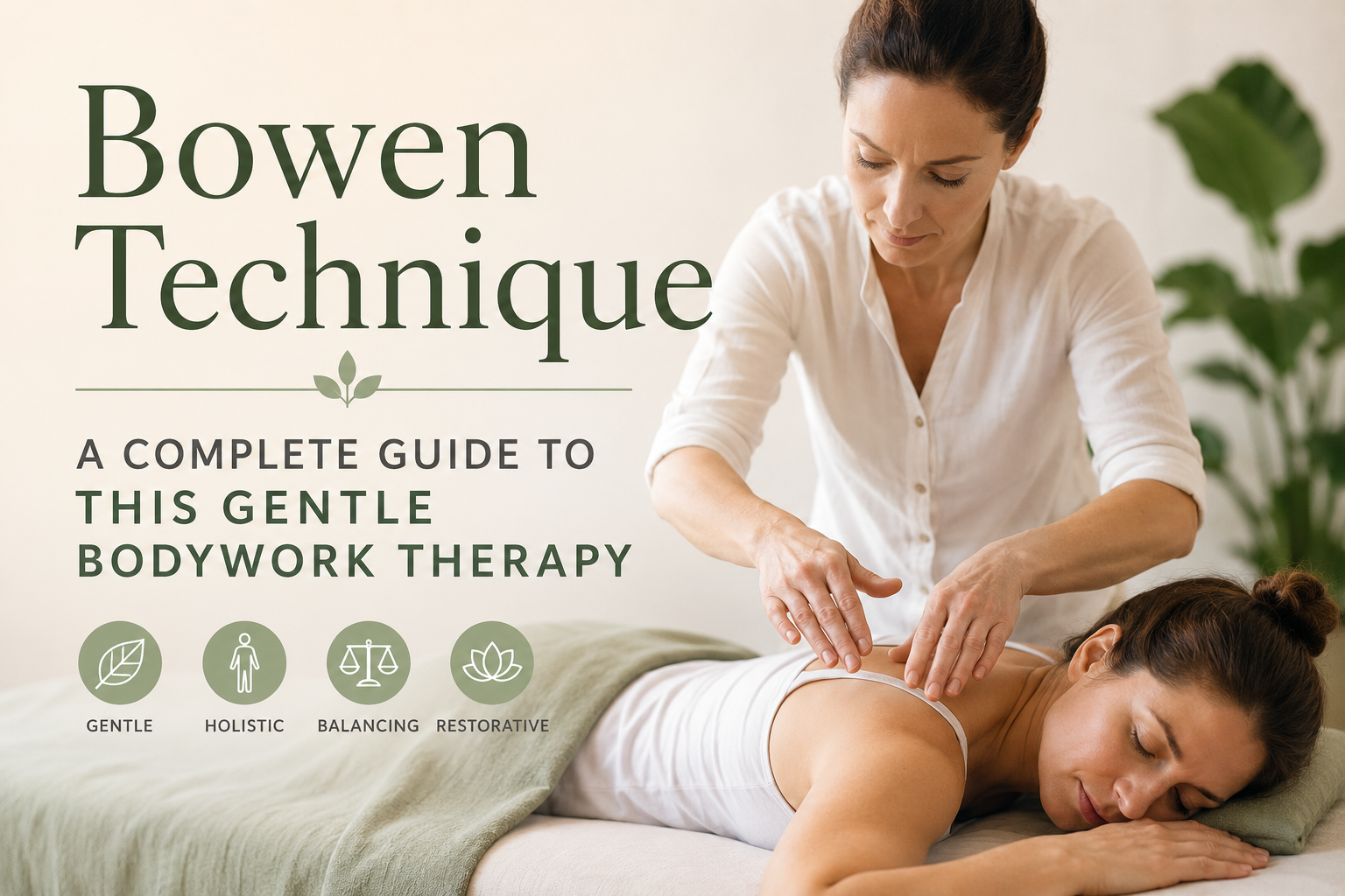 Bowen Technique therapy session showing a practitioner applying gentle hands-on bodywork to a relaxed client on a massage table in a calm wellness setting.