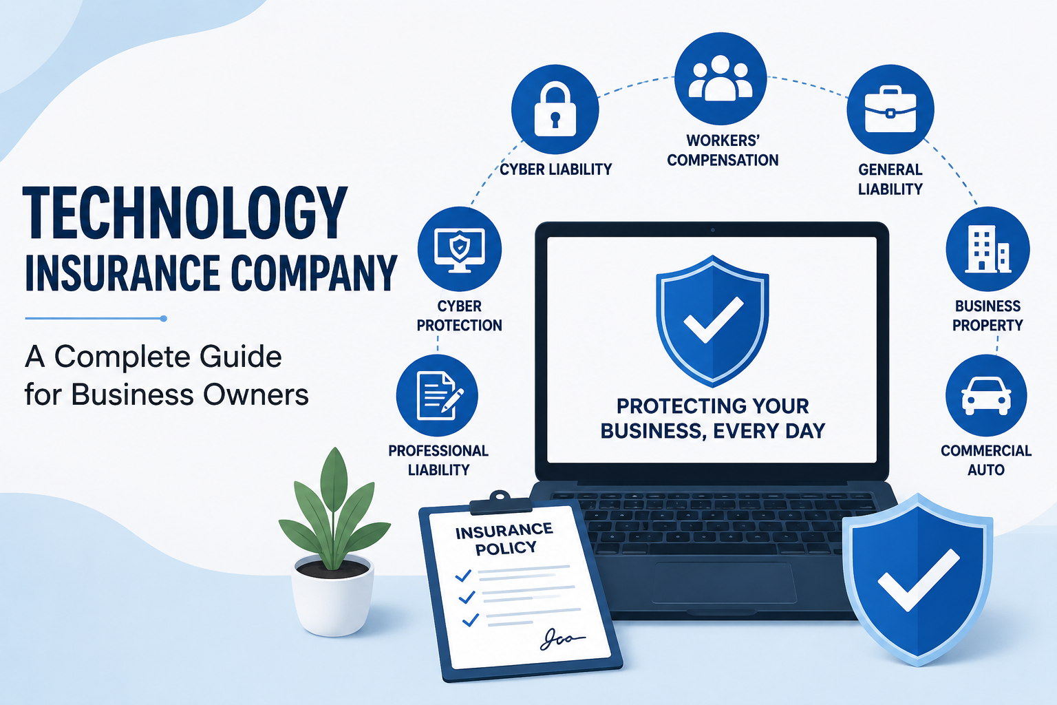 Technology insurance company illustration showing cyber liability, workers' compensation, business property, commercial auto, and professional liability coverage for modern businesses.